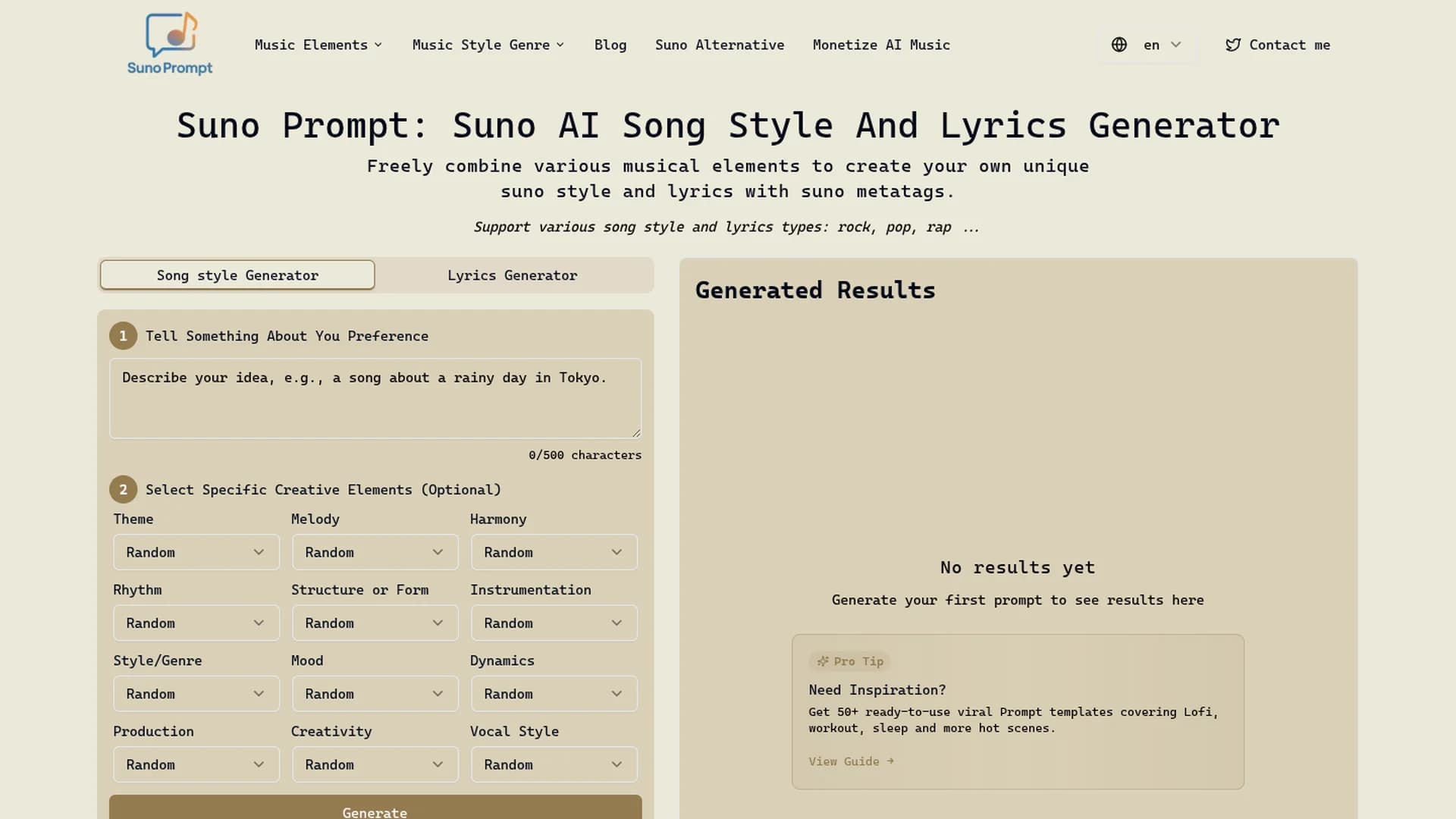 music-prompt-generator homepage