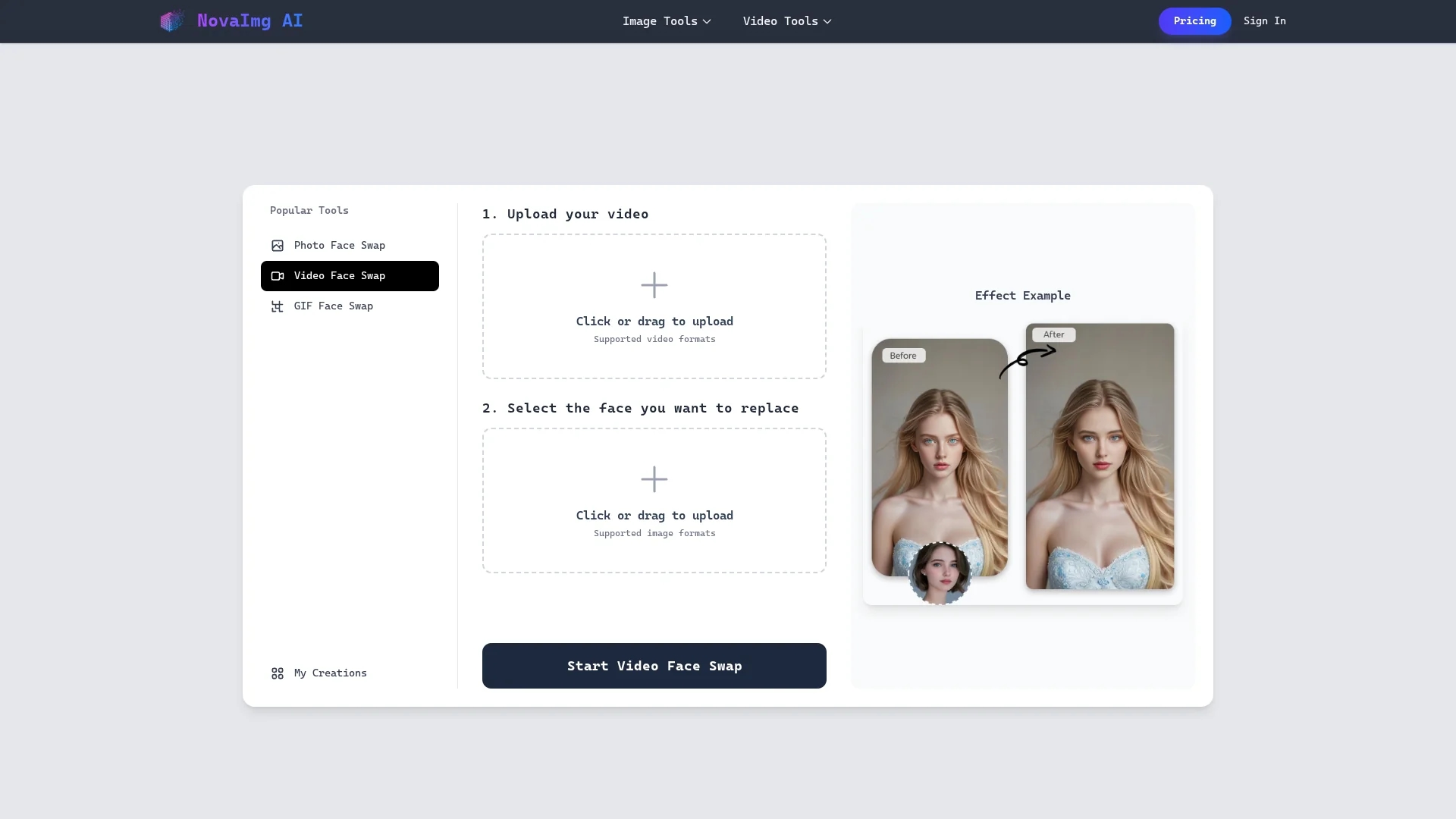 novaimg-video-face-swap homepage