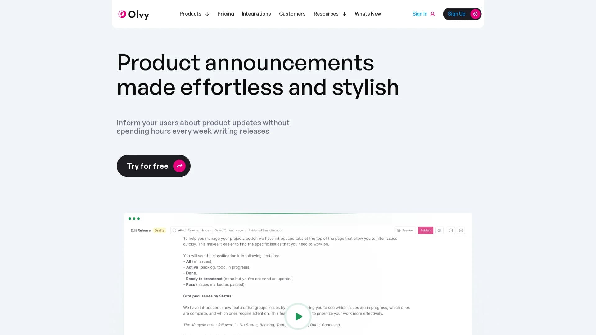 olvy-changelogs homepage