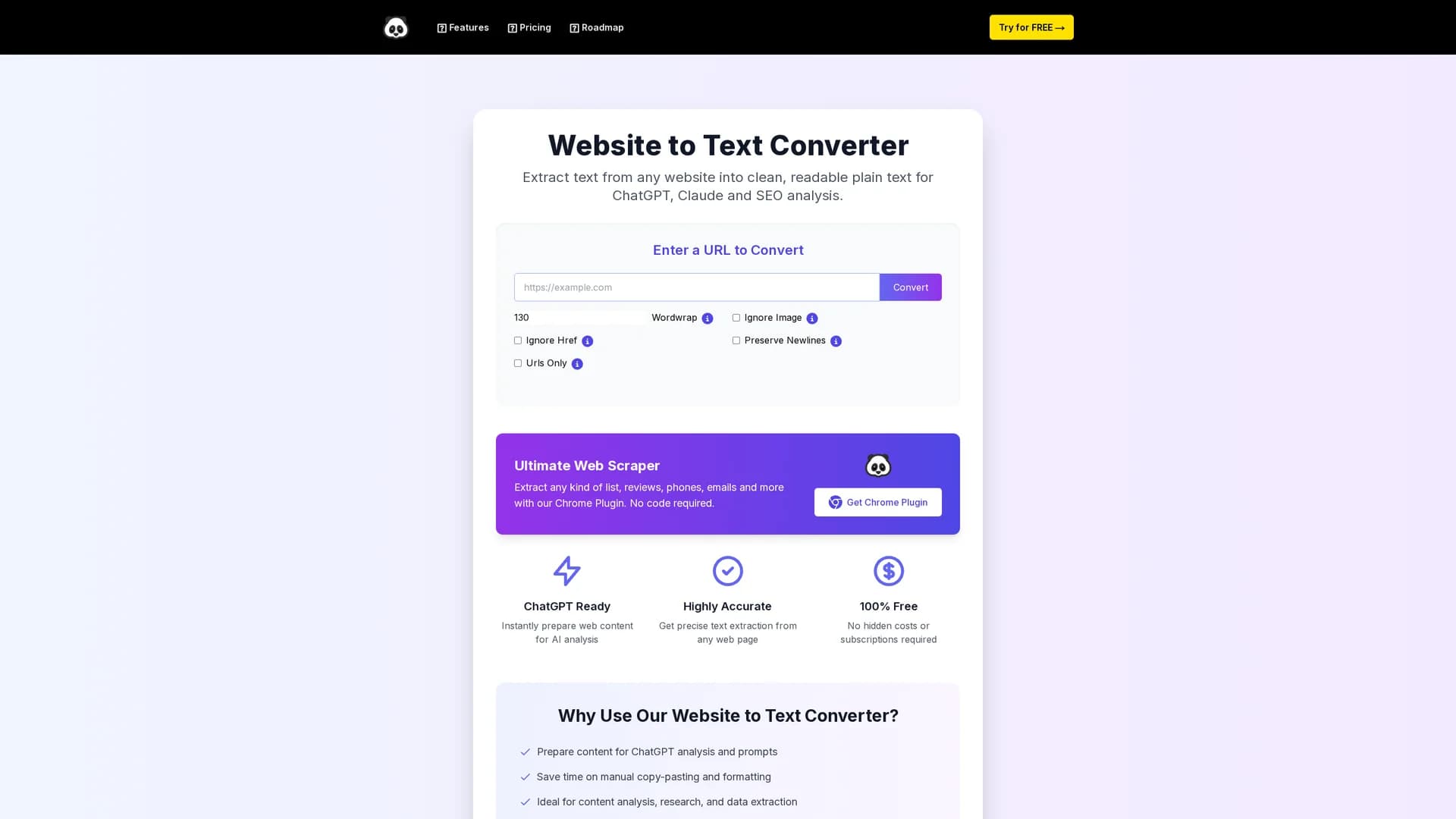 pandaextract-website-to-text-converter homepage