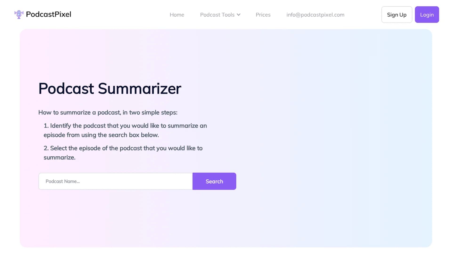 podcastpixel-podcast-summarizer homepage
