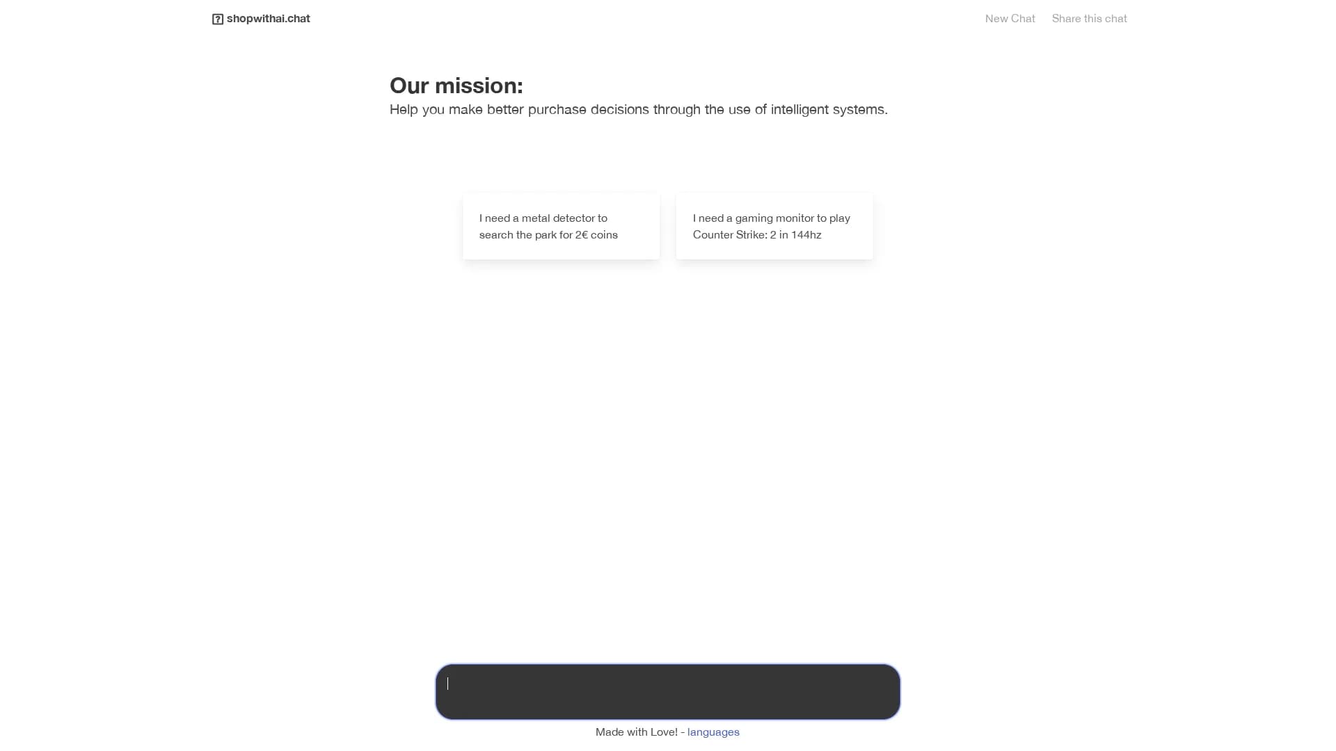 shopwithai-chat homepage