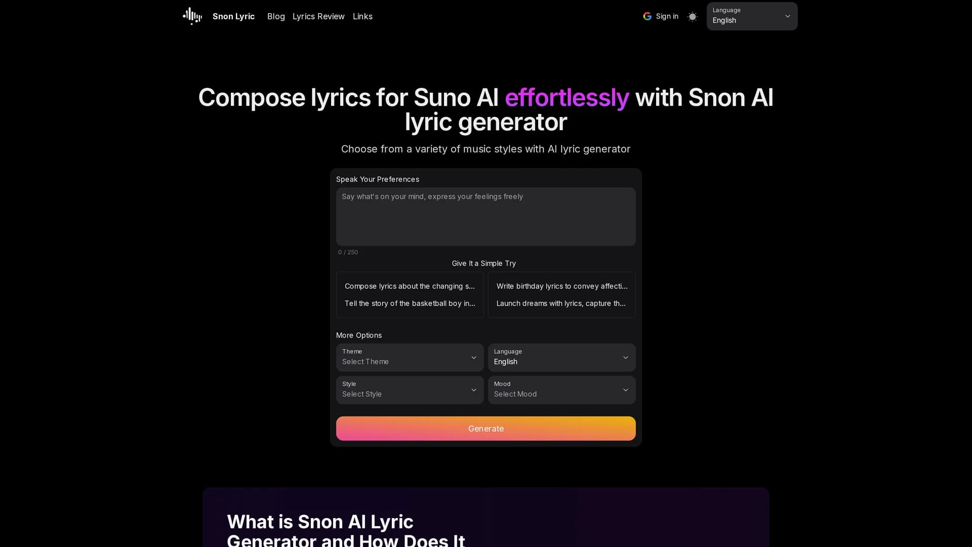 sono-lyric homepage