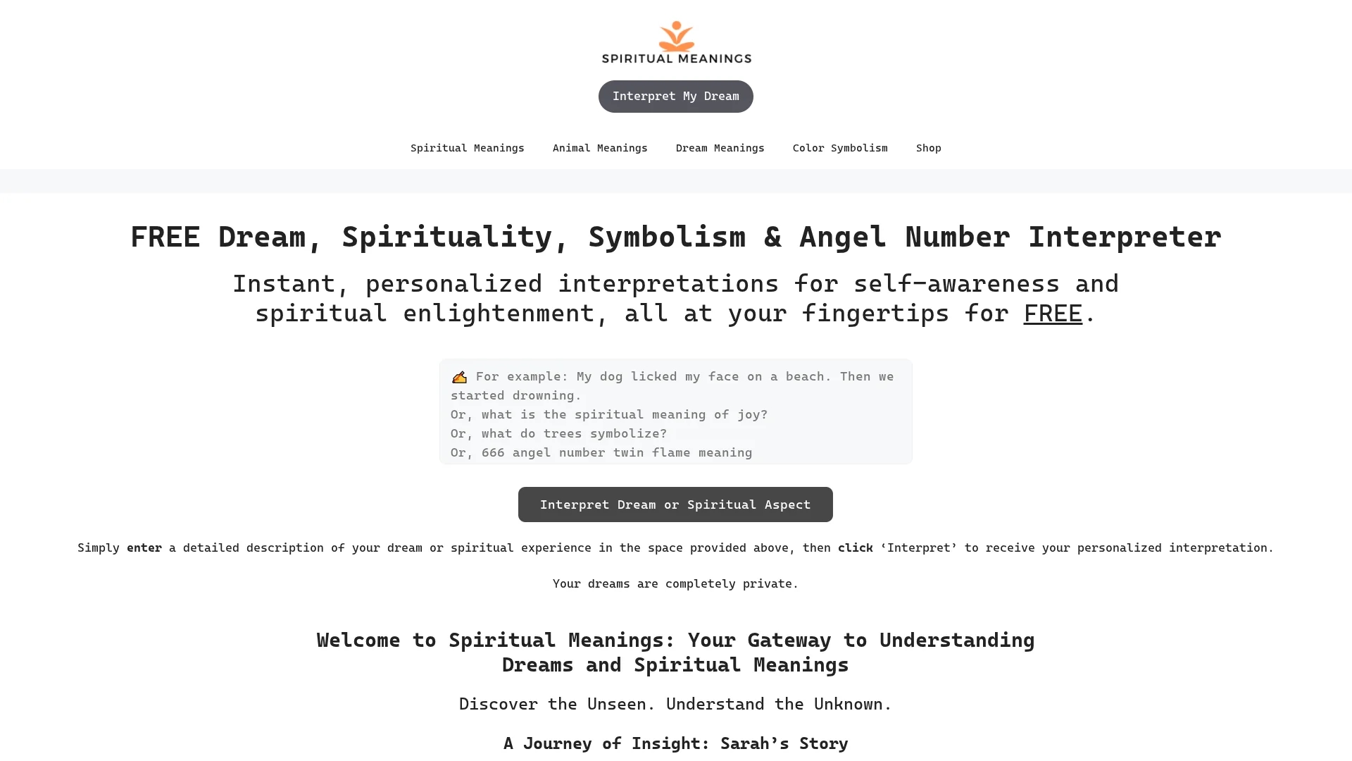 spiritualmeanings-net-ai-dream-spirituality-interpreter homepage