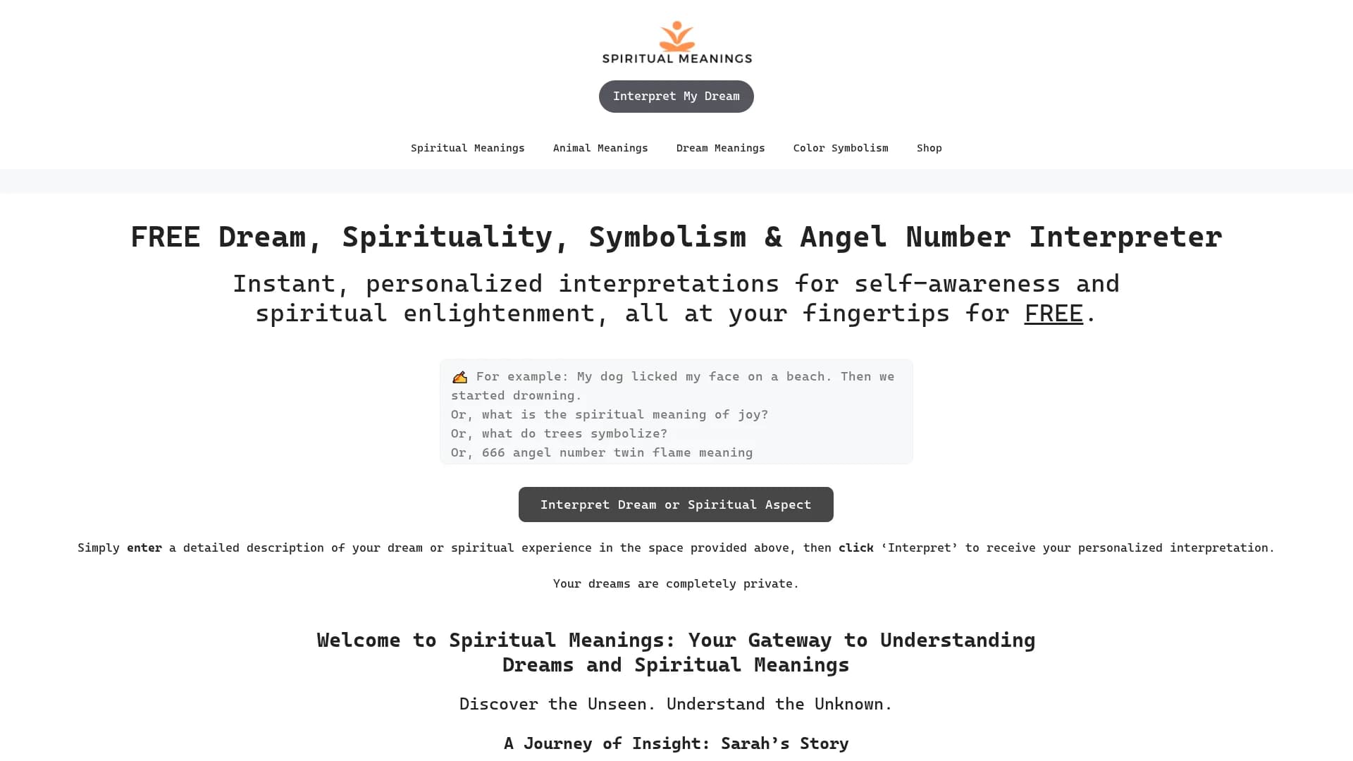 spiritualmeanings-net-ai-dream-spirituality-interpreter homepage