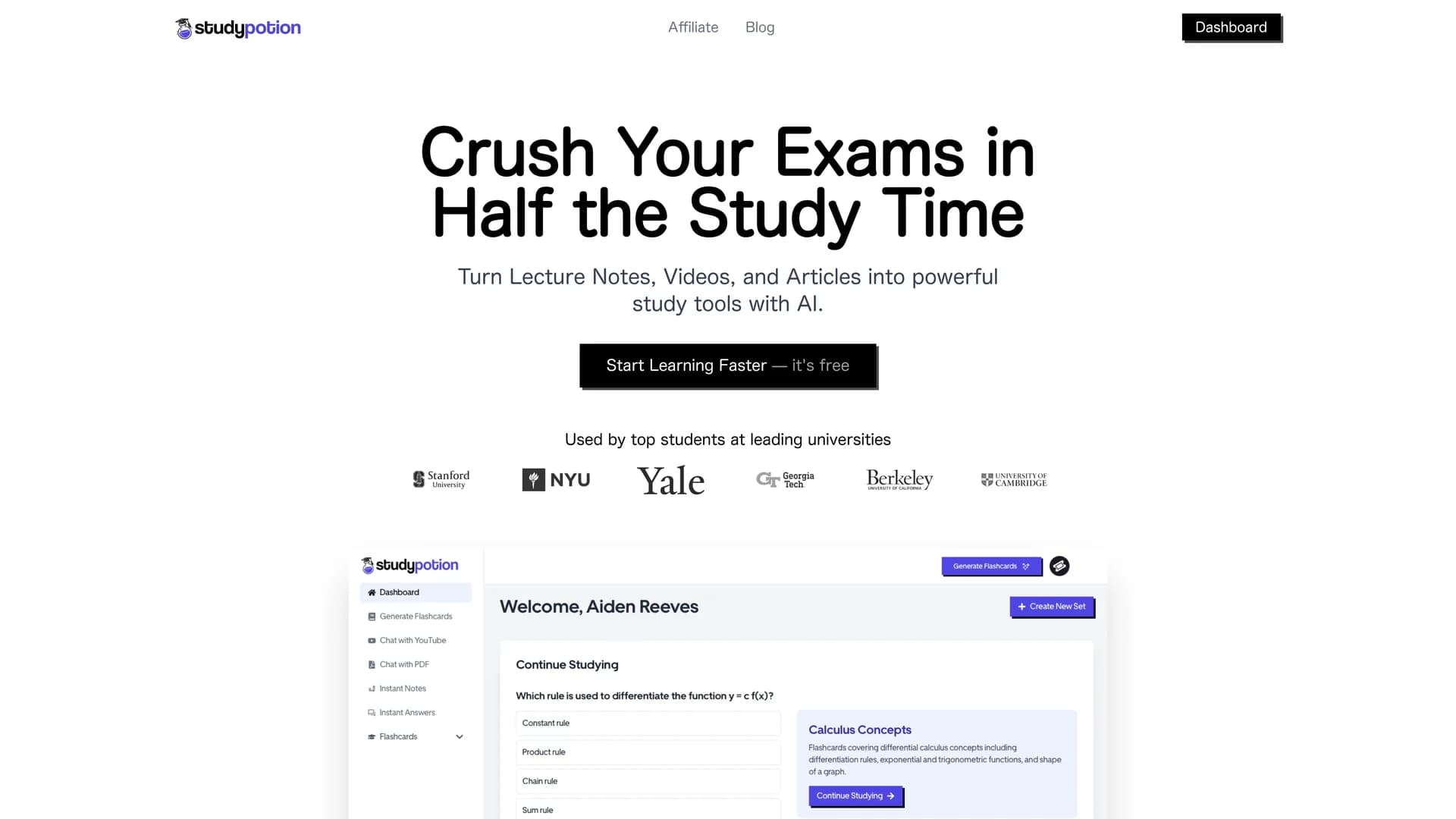 study-potion-ai homepage