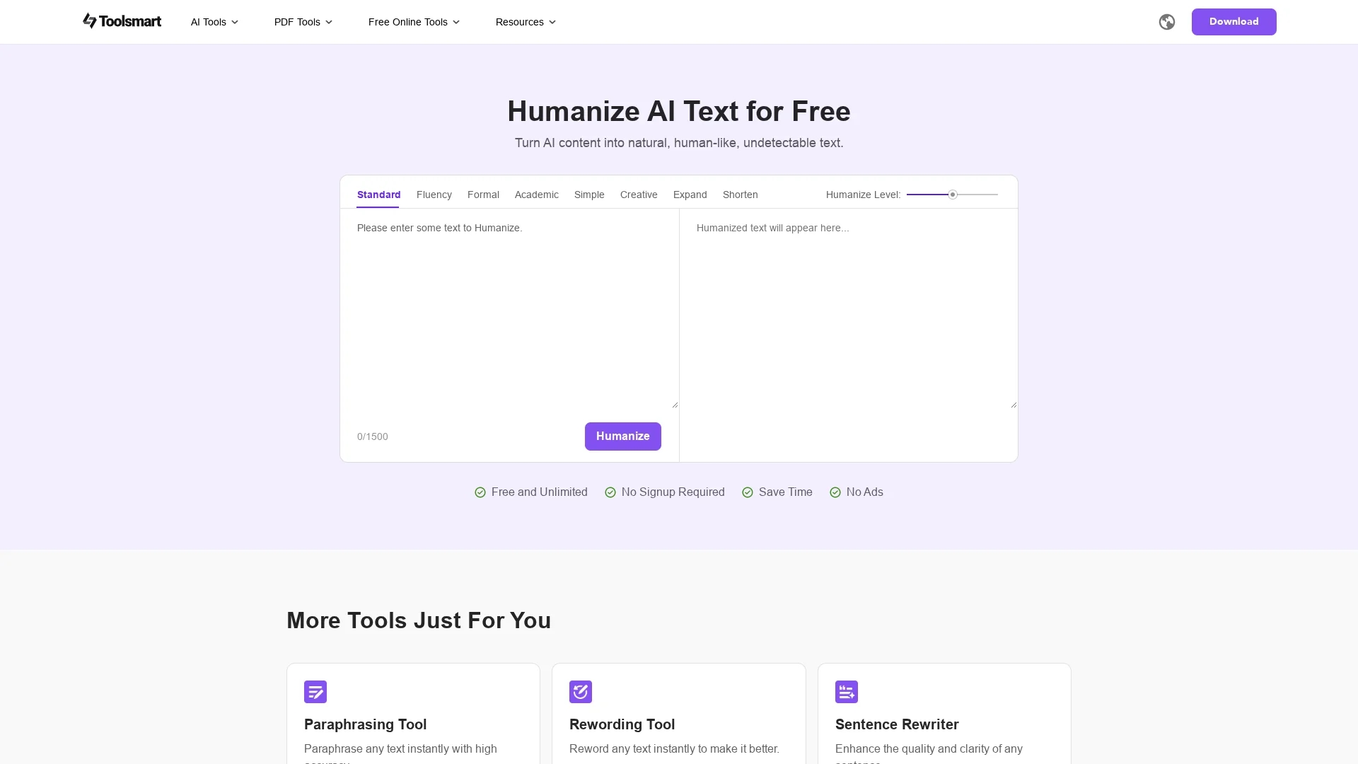 toolsmart-free-humanize-ai homepage