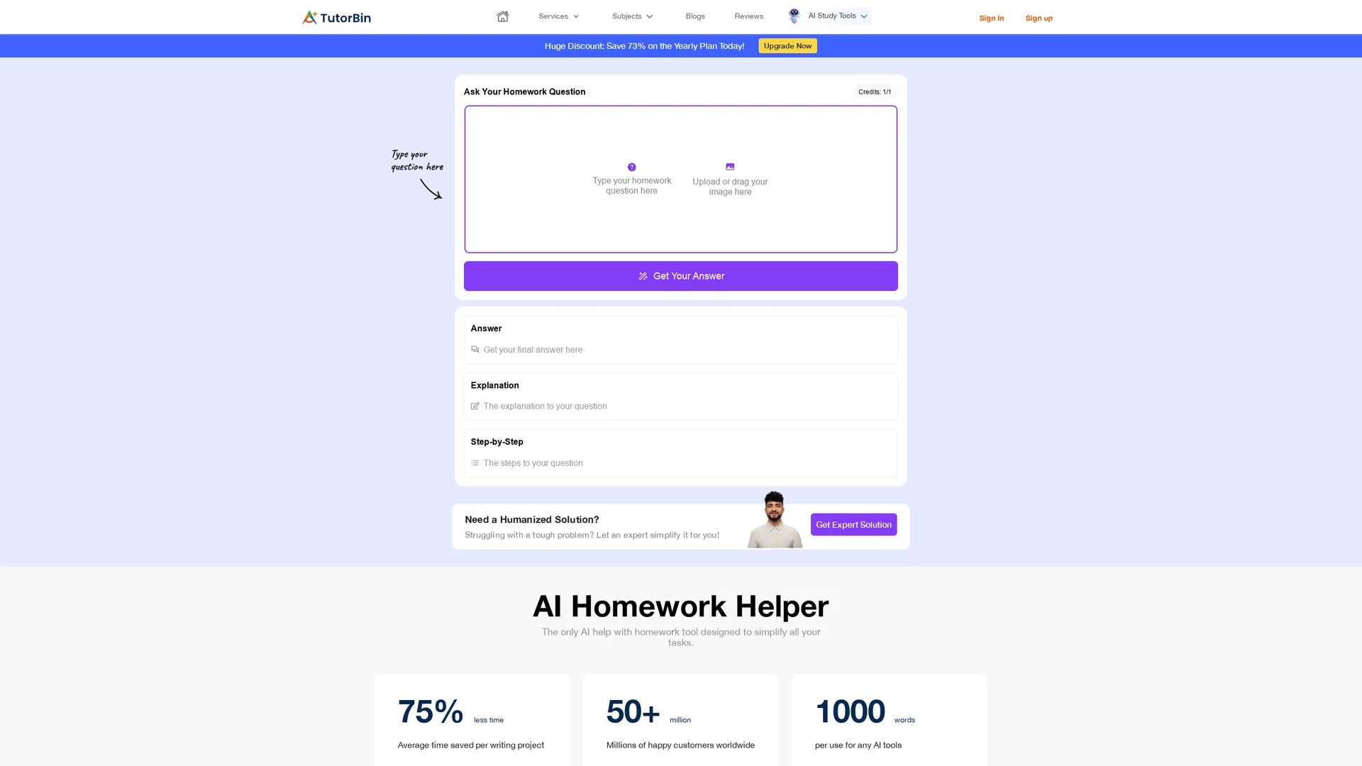 tutorbin-homework-helper homepage