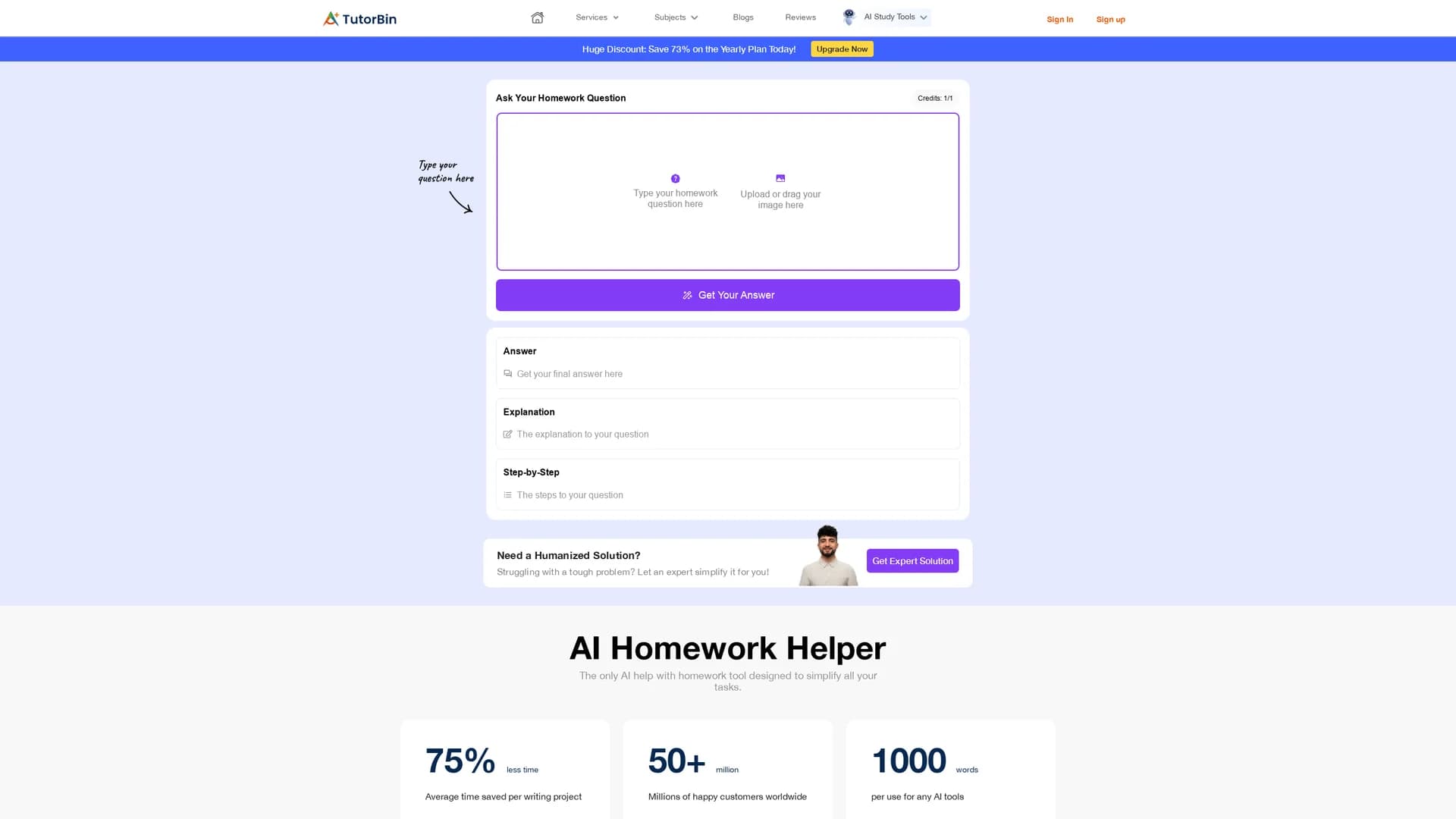 tutorbin-homework-helper homepage