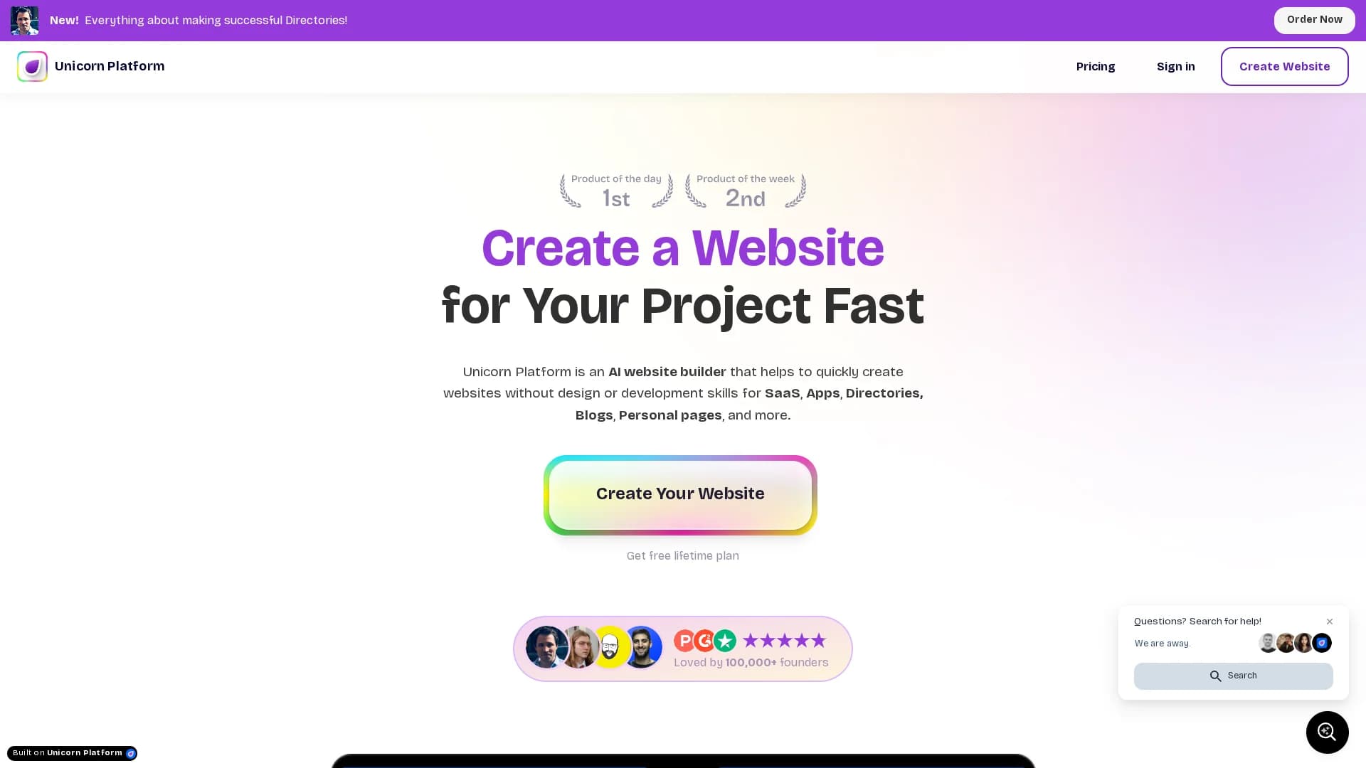 unicorn-platform homepage