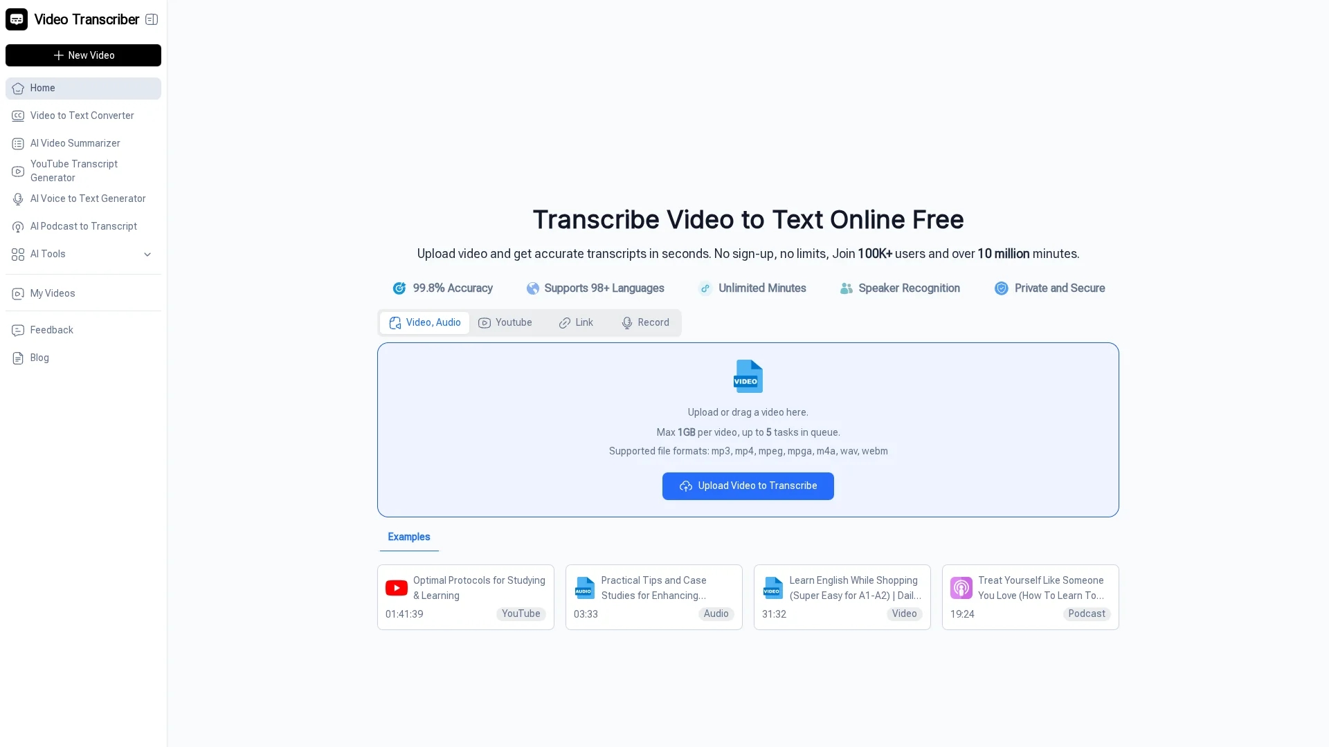video-transcriber-ai homepage