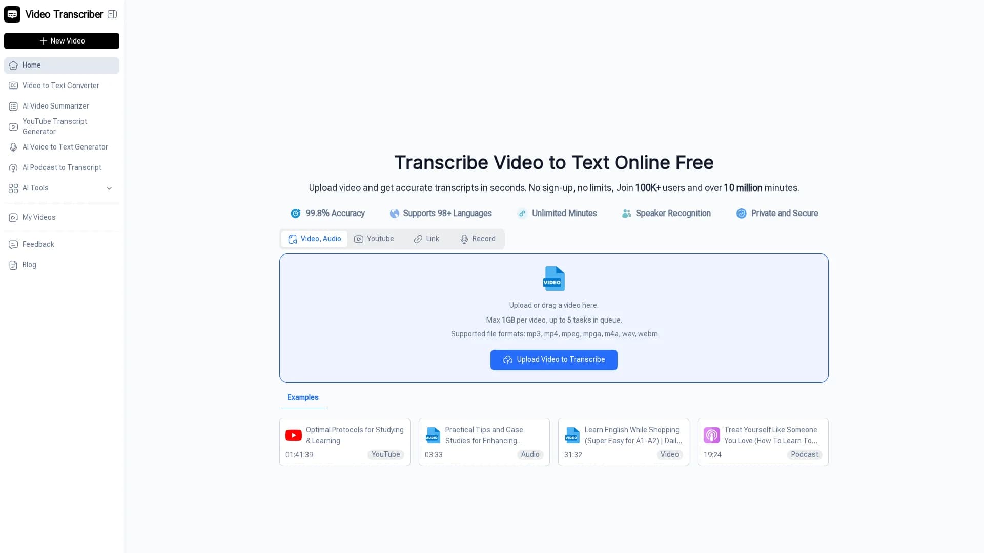 video-transcriber-ai homepage