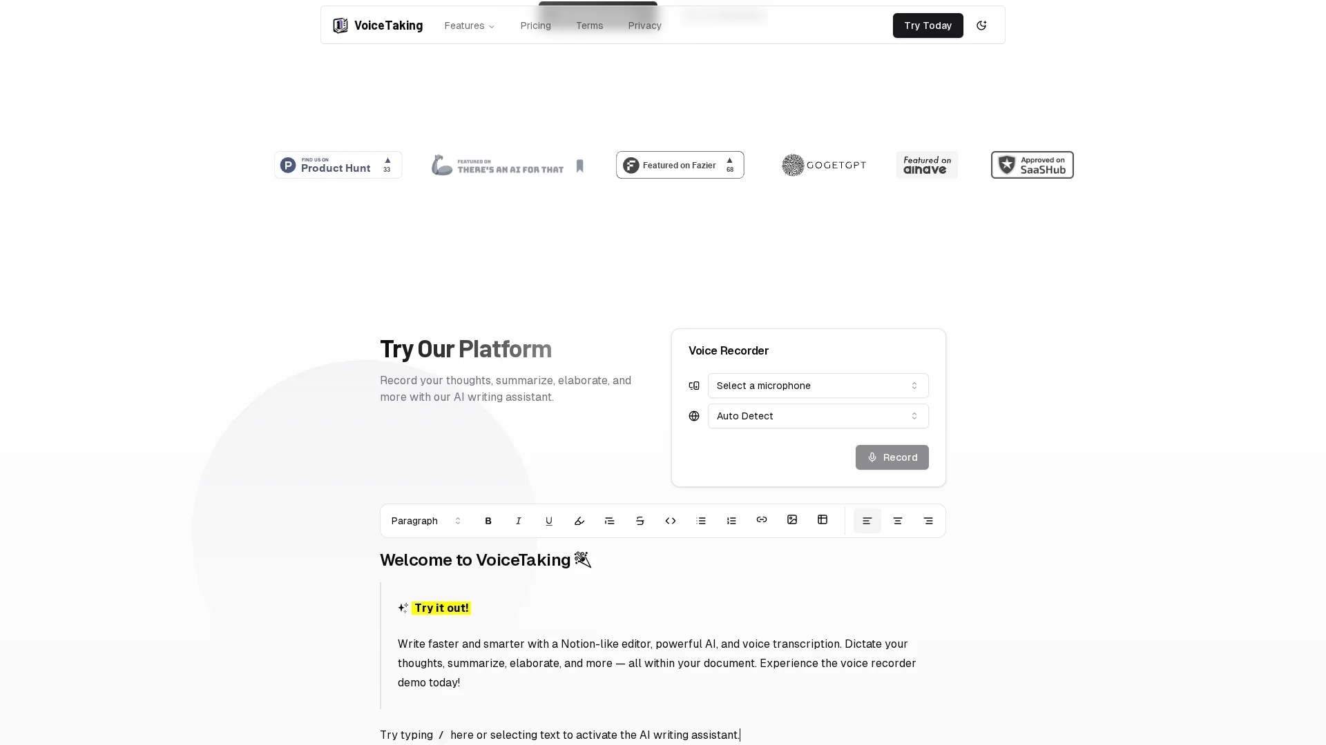 voicetaking homepage
