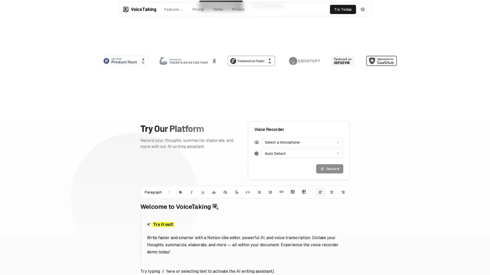 voicetaking homepage