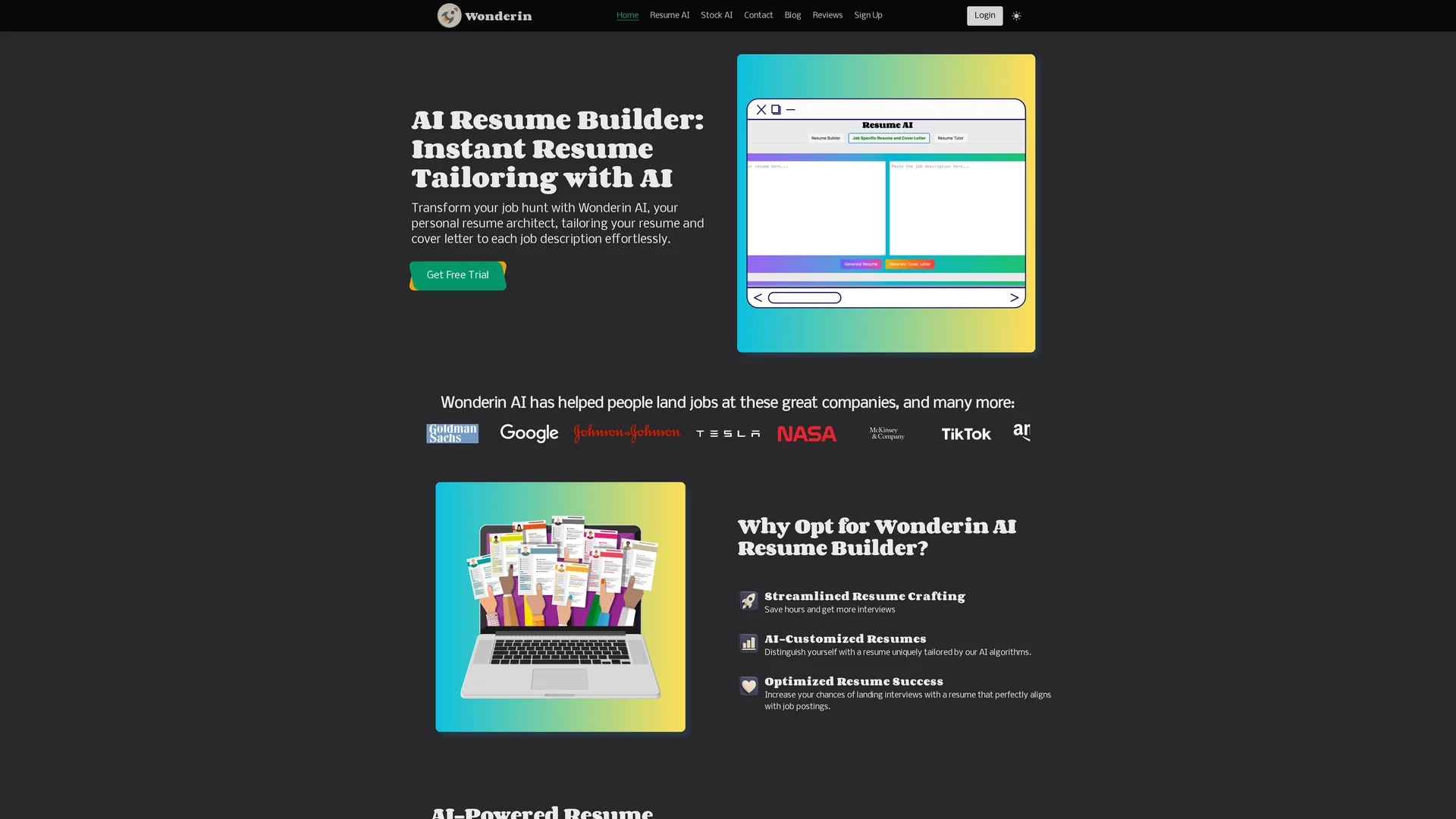 wonderin-resume-ai homepage