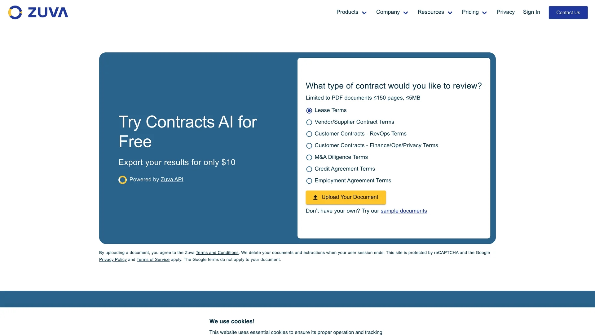 zuva-contracts-ai homepage